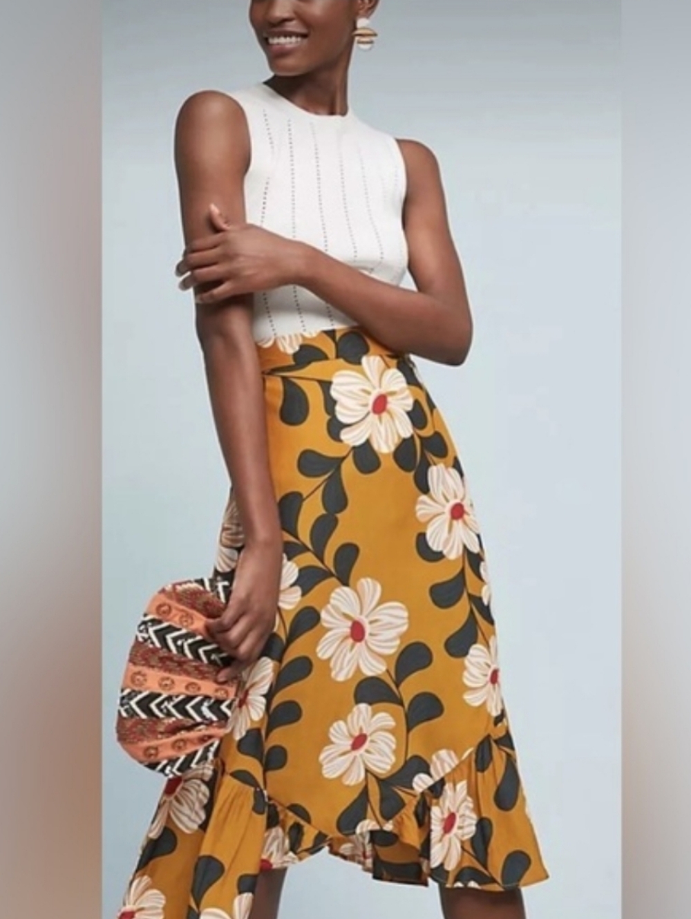 Anthropologie Eva Franco Ikebana Floral Ruffle Asymmetrical Midi Skirt Size 8